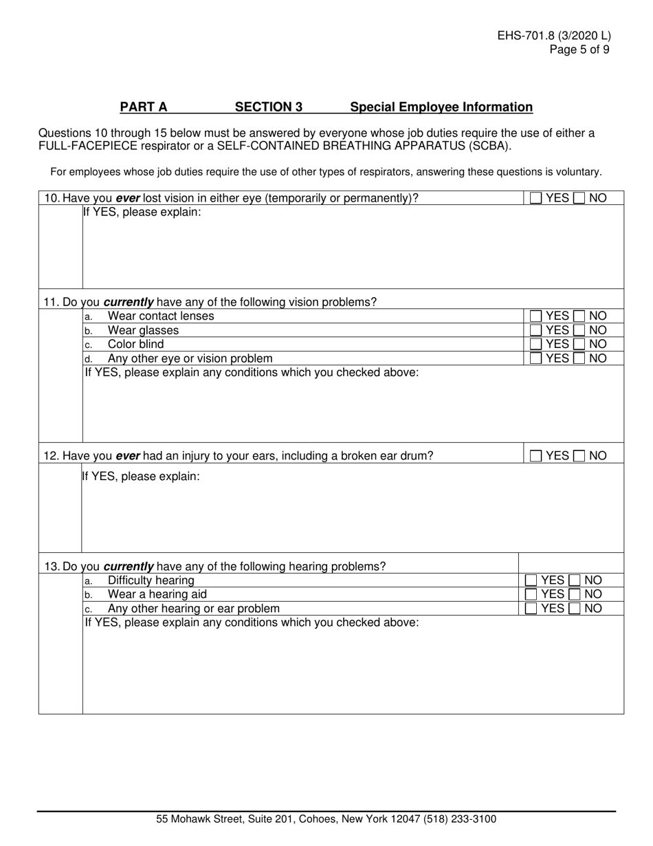 Form EHS-701.8 Agency Requesting Medical Assessment for Respirator Use - New York, Page 5