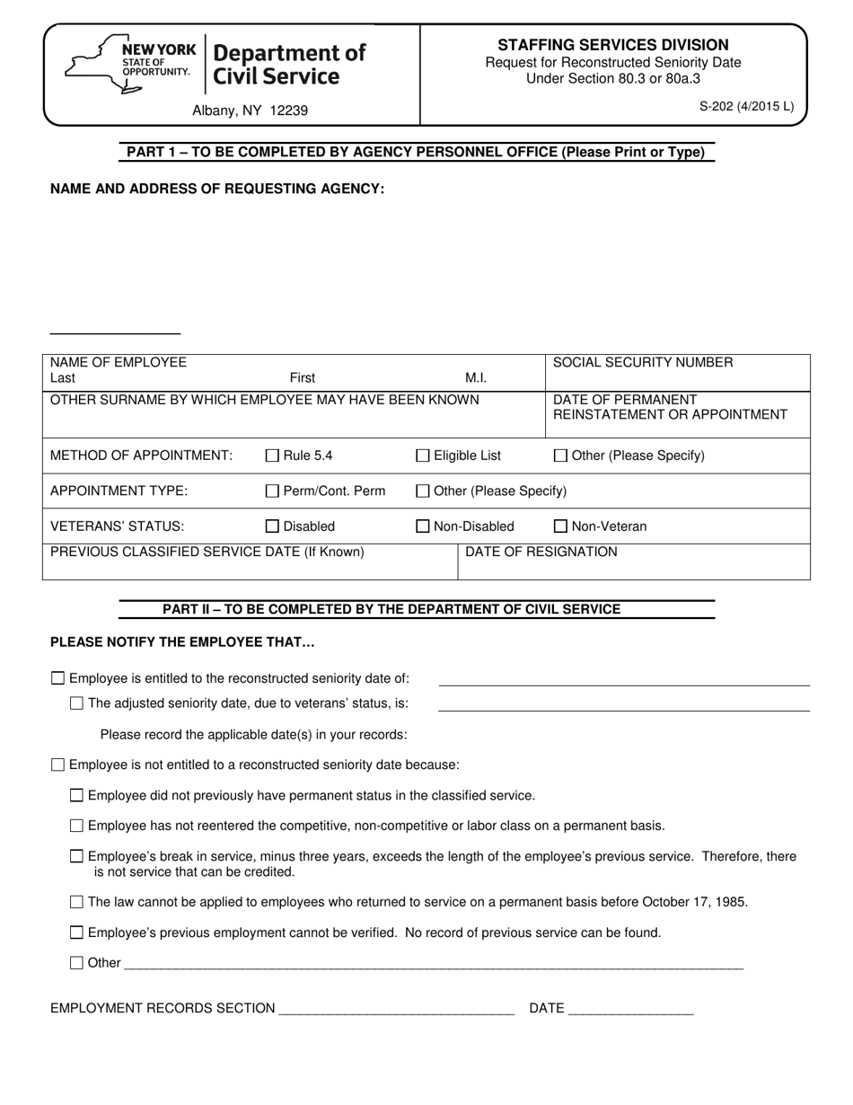 Form S-202 Request for Reconstructed Seniority Date Under Section 80.3 or 80a.3 - New York, Page 1