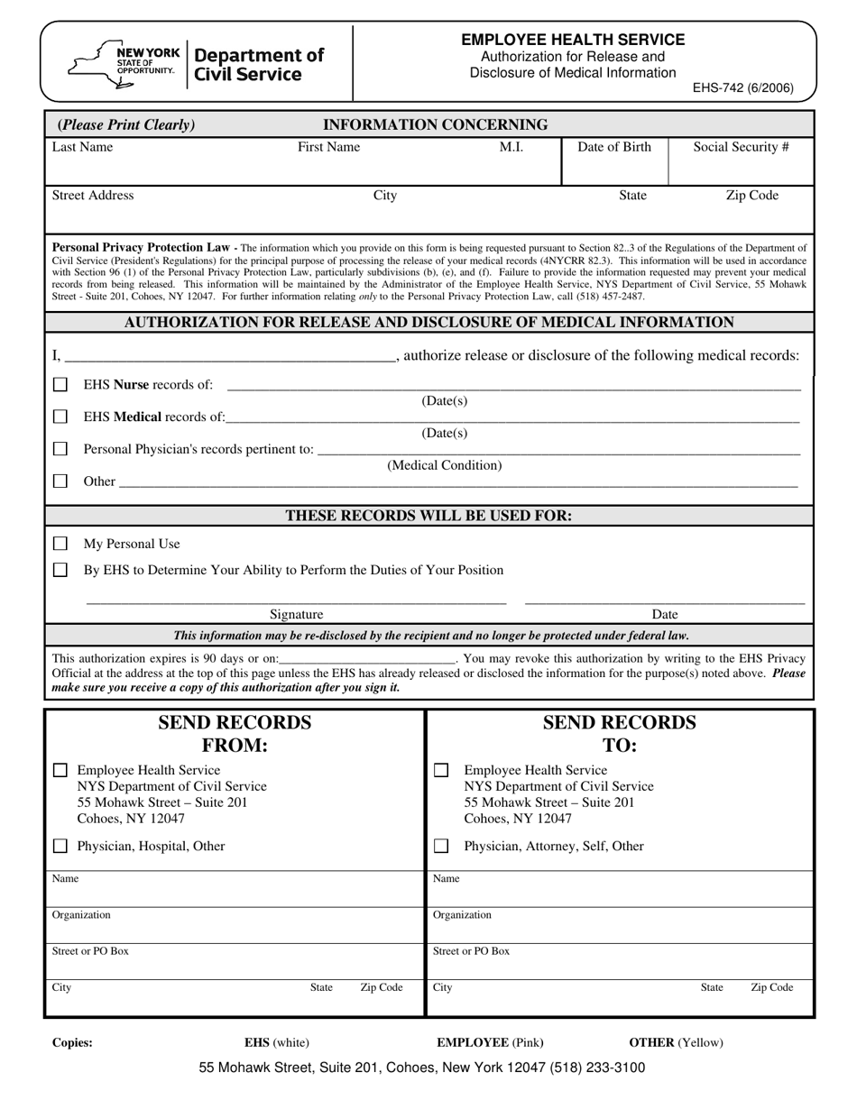 Form EHS-742 Authorization for Release and Disclosure of Medical Information - New York, Page 1