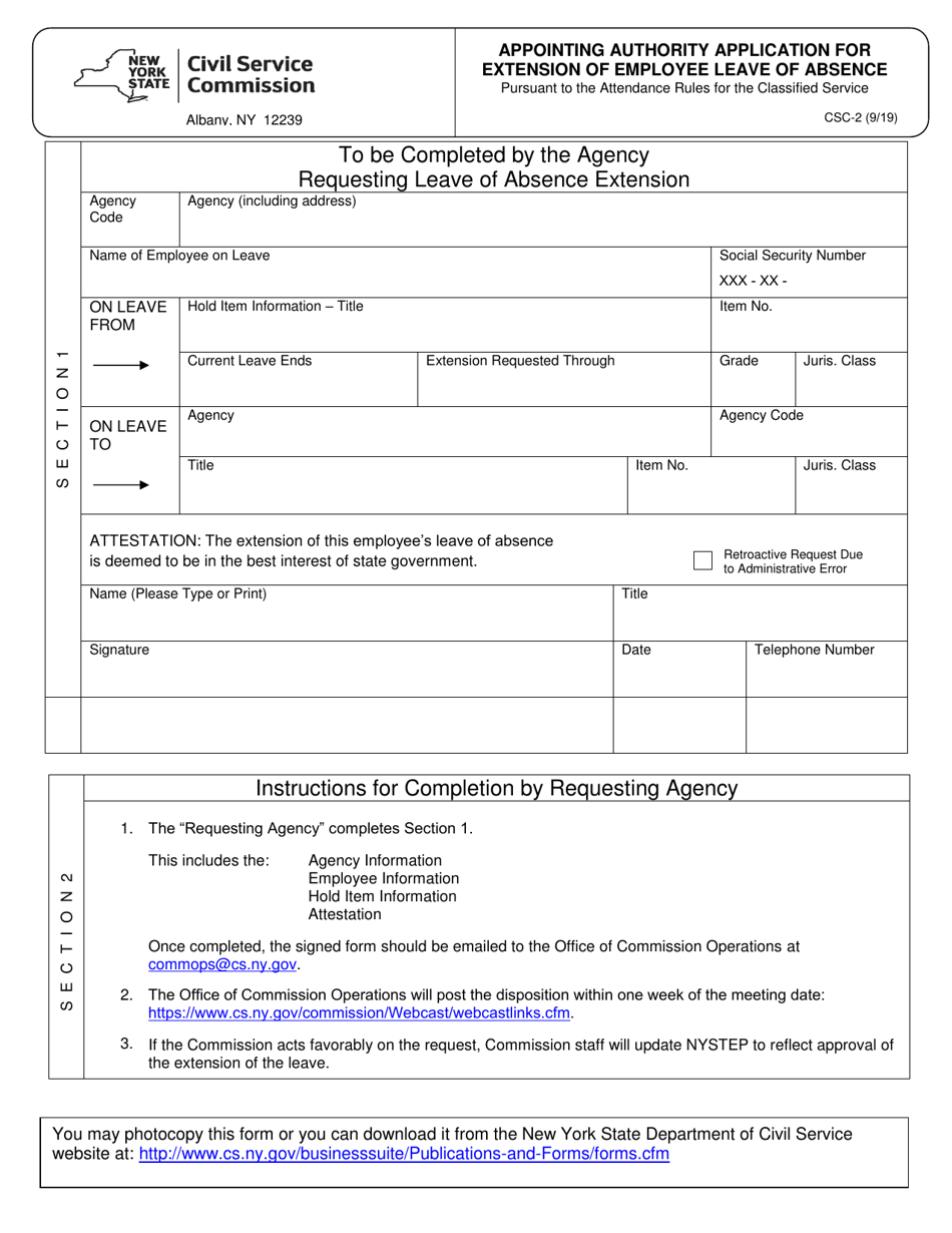 Form CSC-2 Appointing Authority Application for Extension of Employee Leave of Absence - New York, Page 1