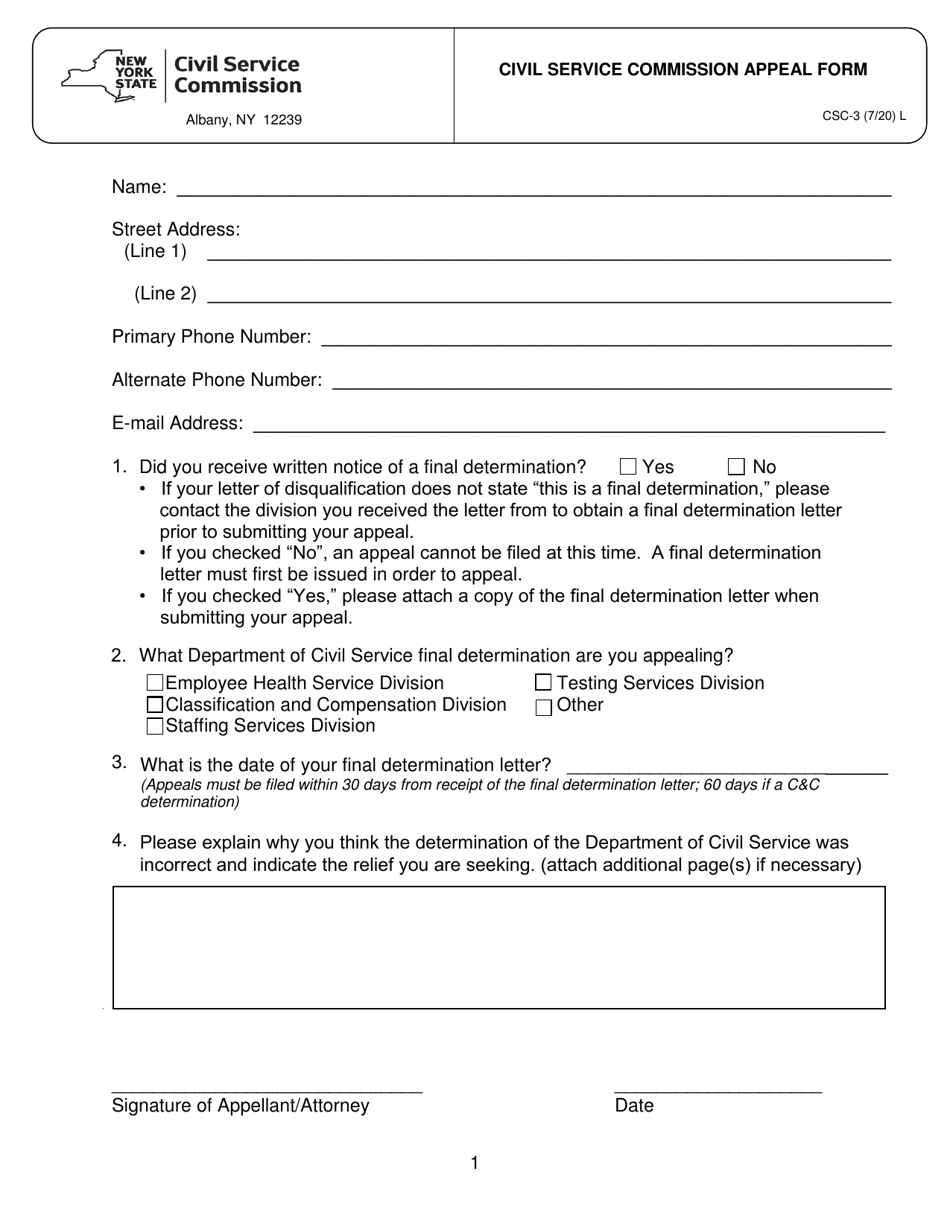 Form CSC-3 Civil Service Commission Appeal Form - New York, Page 1