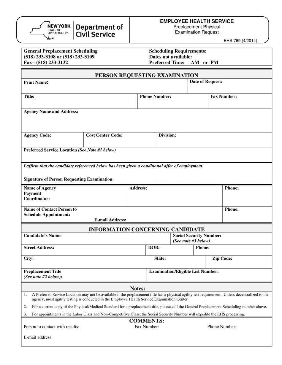 Form EHS-769 Preplacement Physical Examination Request - New York, Page 1