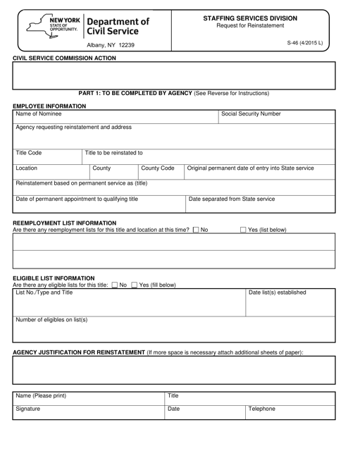 Form S-46 Request for Reinstatement - New York