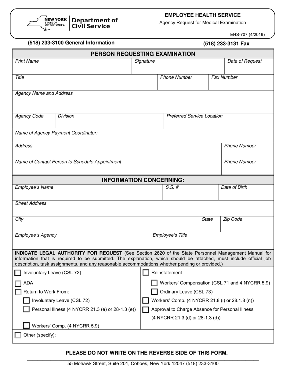 Form EHS-707 Agency Request for Medical Examination - New York, Page 1