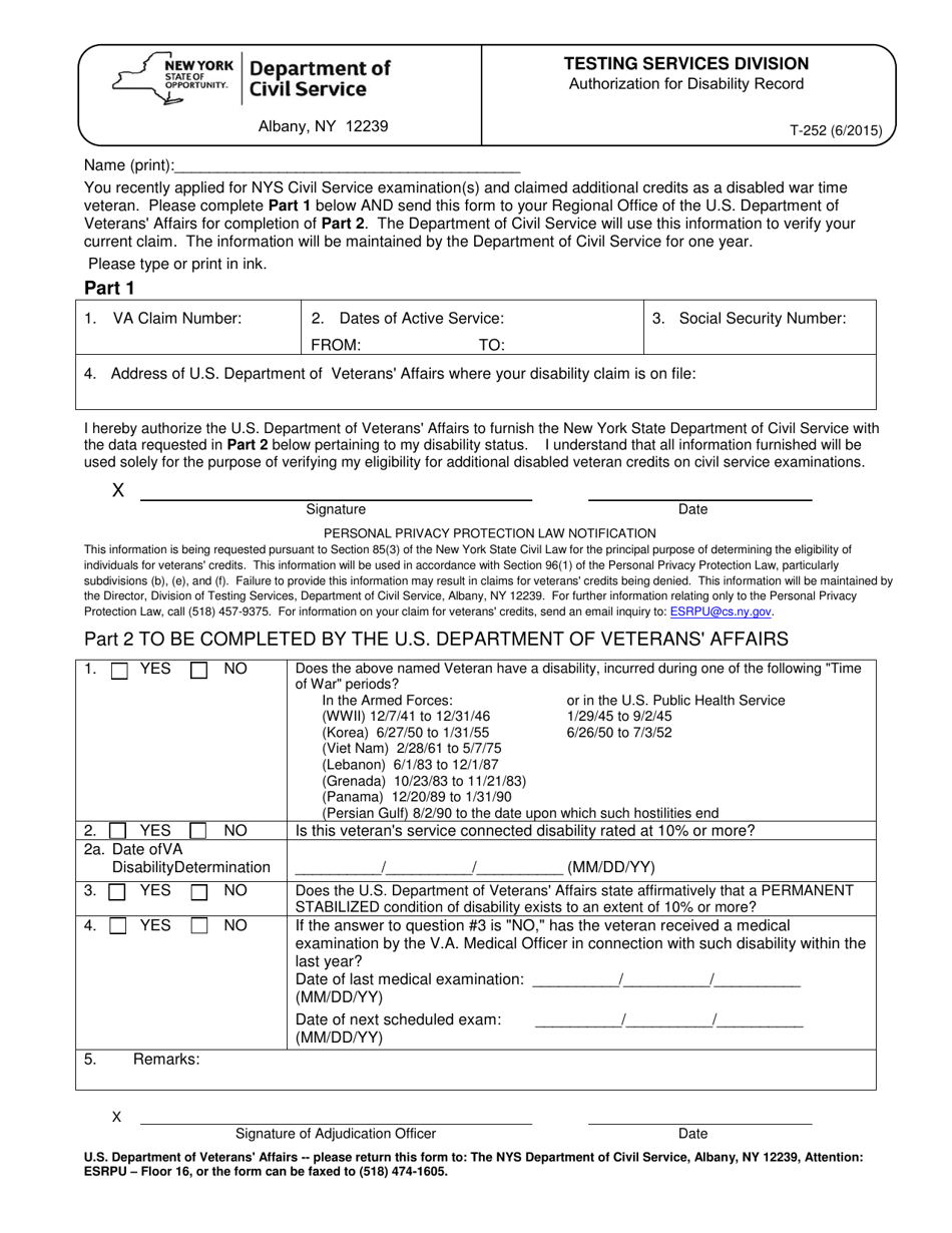 Form T-252 Authorization for Disability Record - New York, Page 1