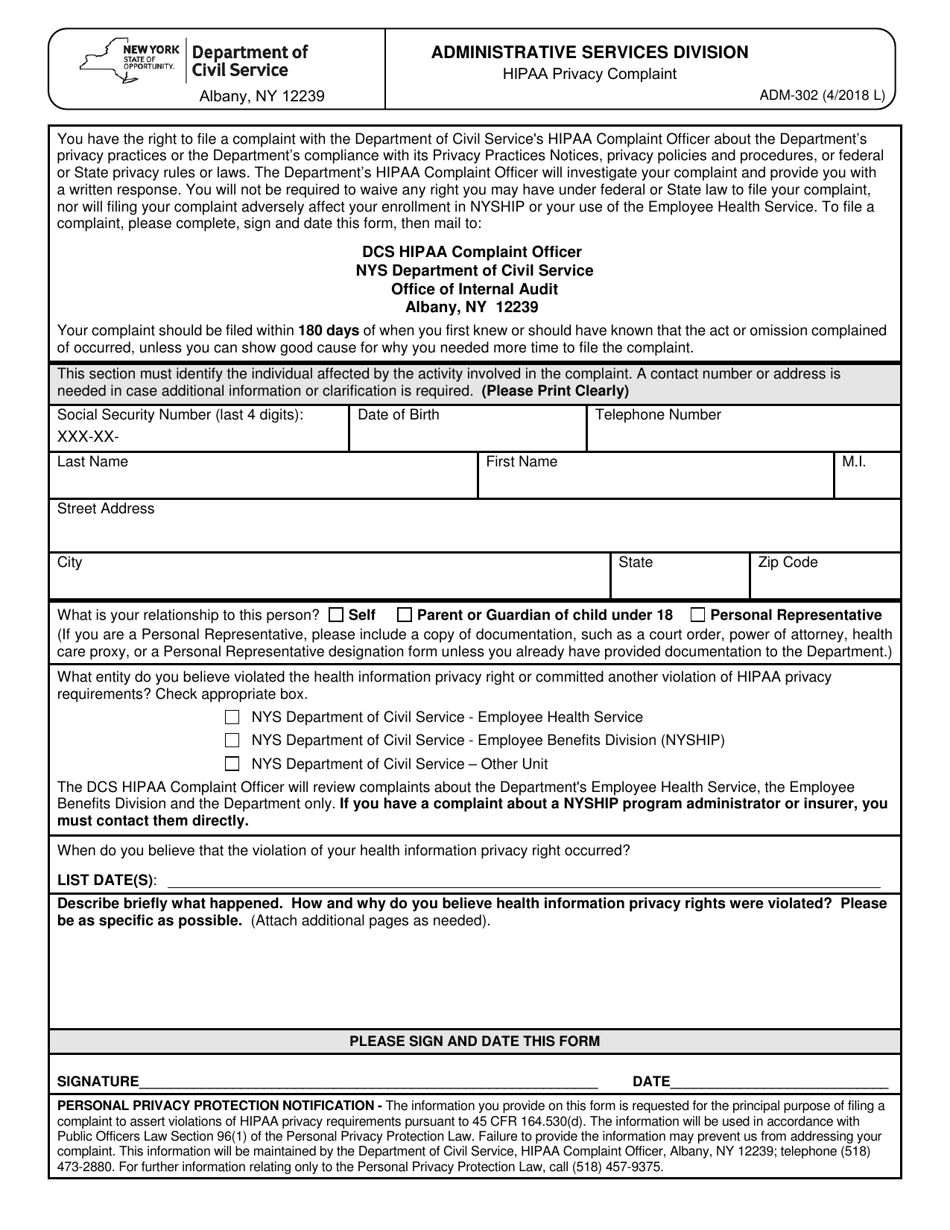Form ADM-302 HIPAA Privacy Complaint - New York, Page 1