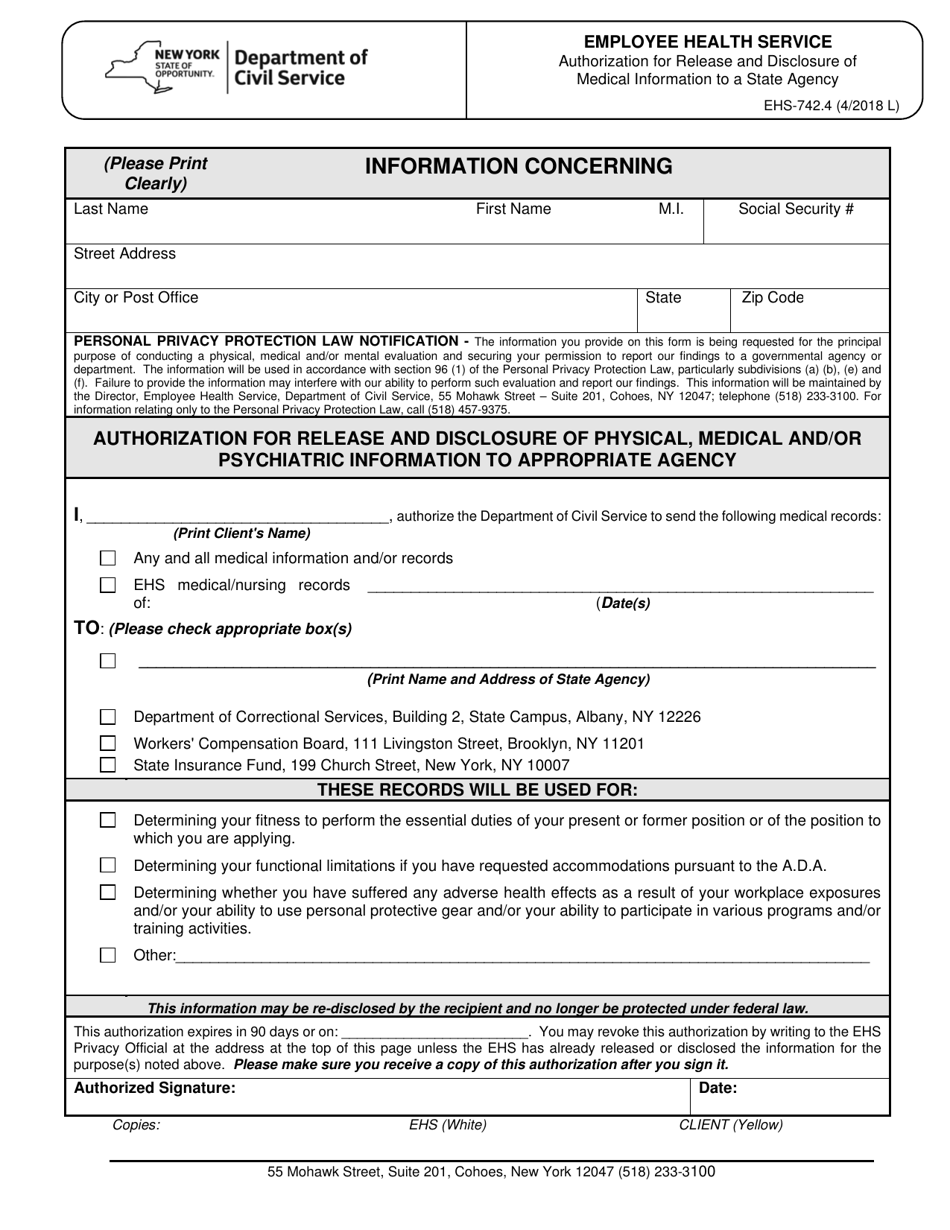 Form EHS-742.4 Authorization for Release and Disclosure of Medical Information to a State Agency - New York, Page 1