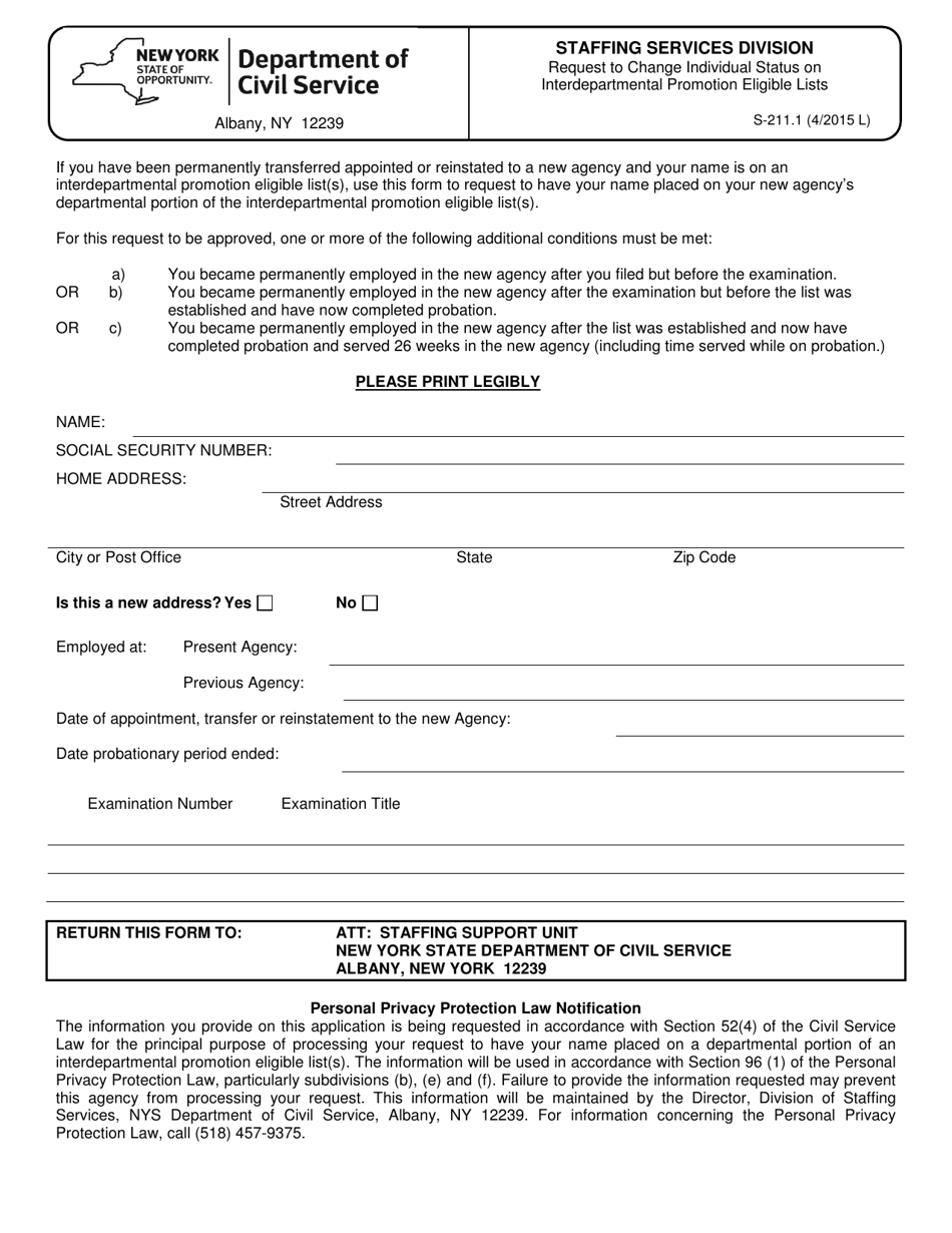 Form S-211.1 Request to Change Individual Status on Interdepartmental Promotion Eligible Lists - New York, Page 1