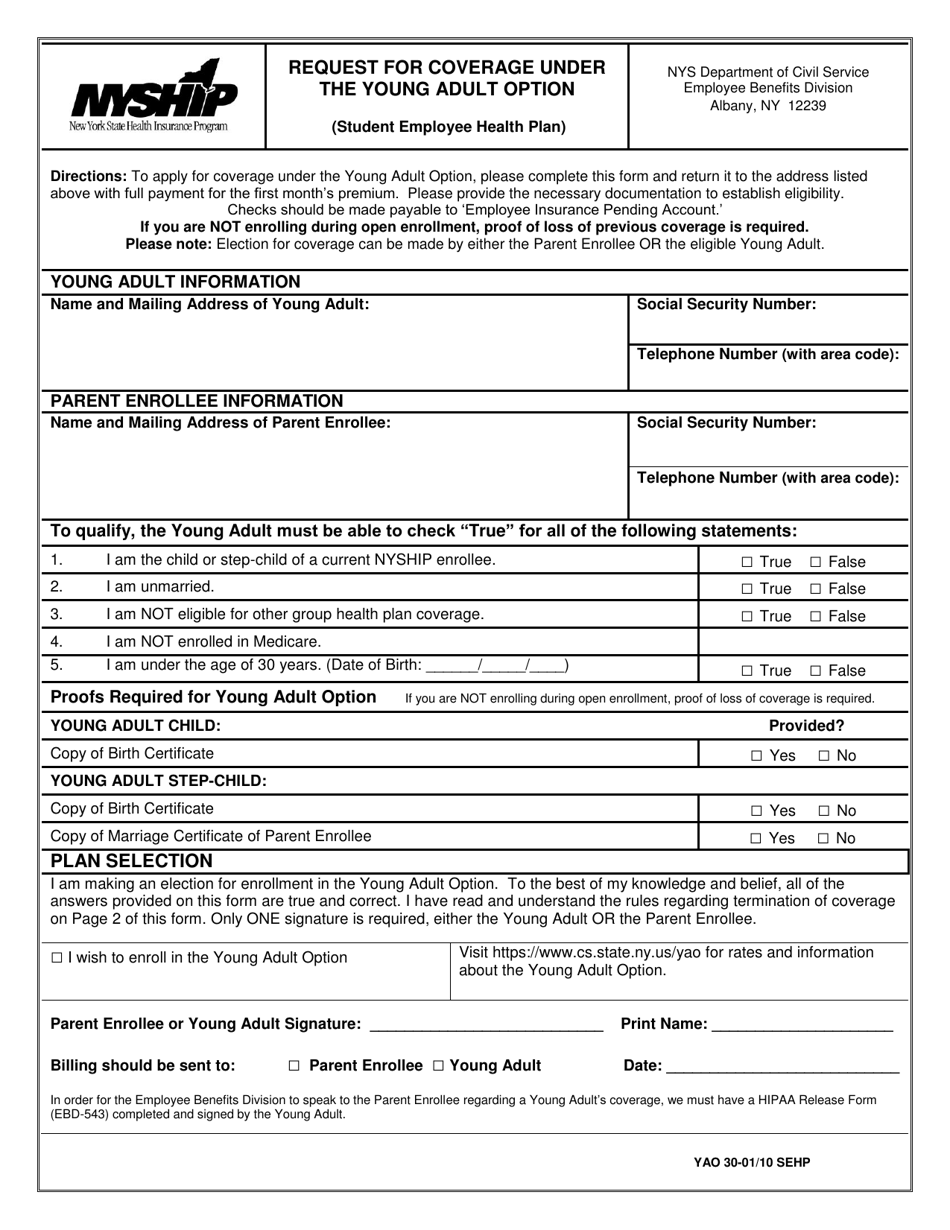 Form YAO30-01/10 SEHP Request for Coverage Under the Young Adult Option (Student Employee Health Plan) - New York, Page 1