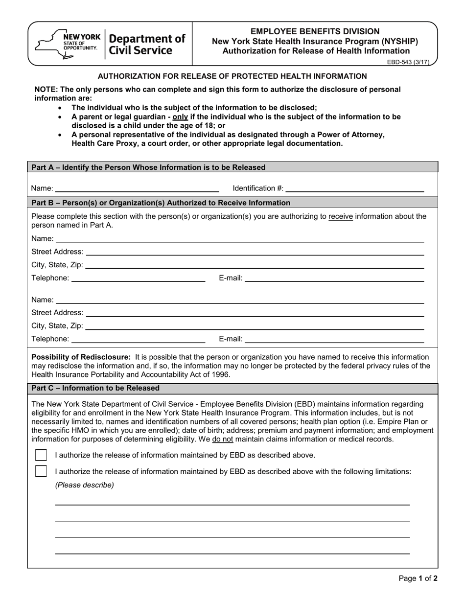 Form EBD-543 Authorization for Release of Health Information - New York State Health Insurance Program (Nyship) - New York, Page 1