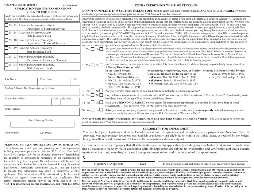 Form NYS-APP-3 #20-113 Application for NYS Examinations Open to the Public - New York