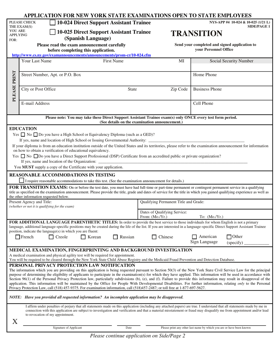 Form NYS-APP-4 #10-024 (NYS-APP-4 #10-025) Application for New York State Examinations Open to State Employees - New York, Page 1