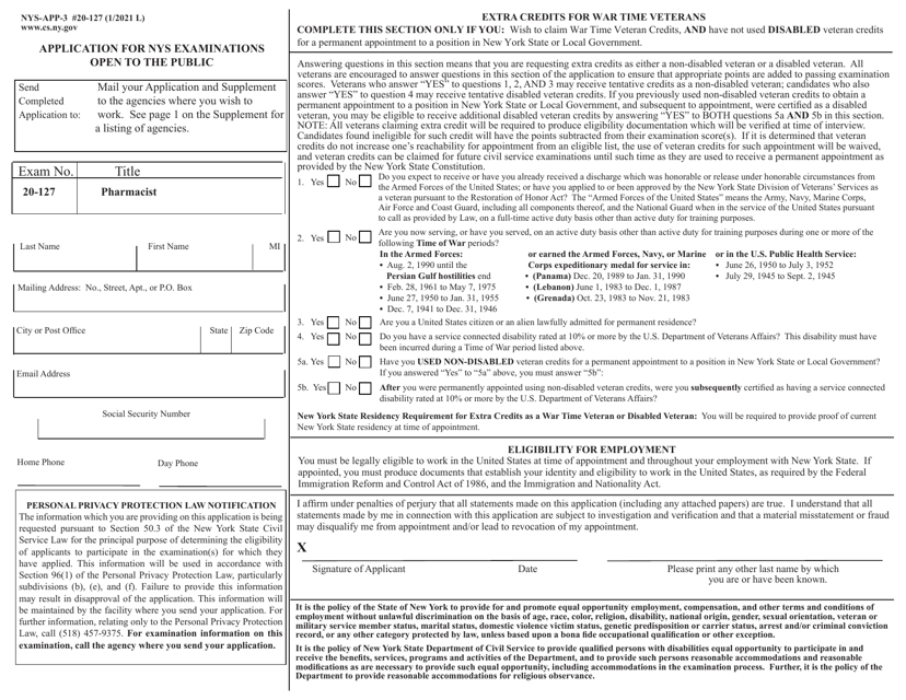 Form NYS-APP-3 #20-127 Application for NYS Examinations Open to the Public - Pharmacist - New York