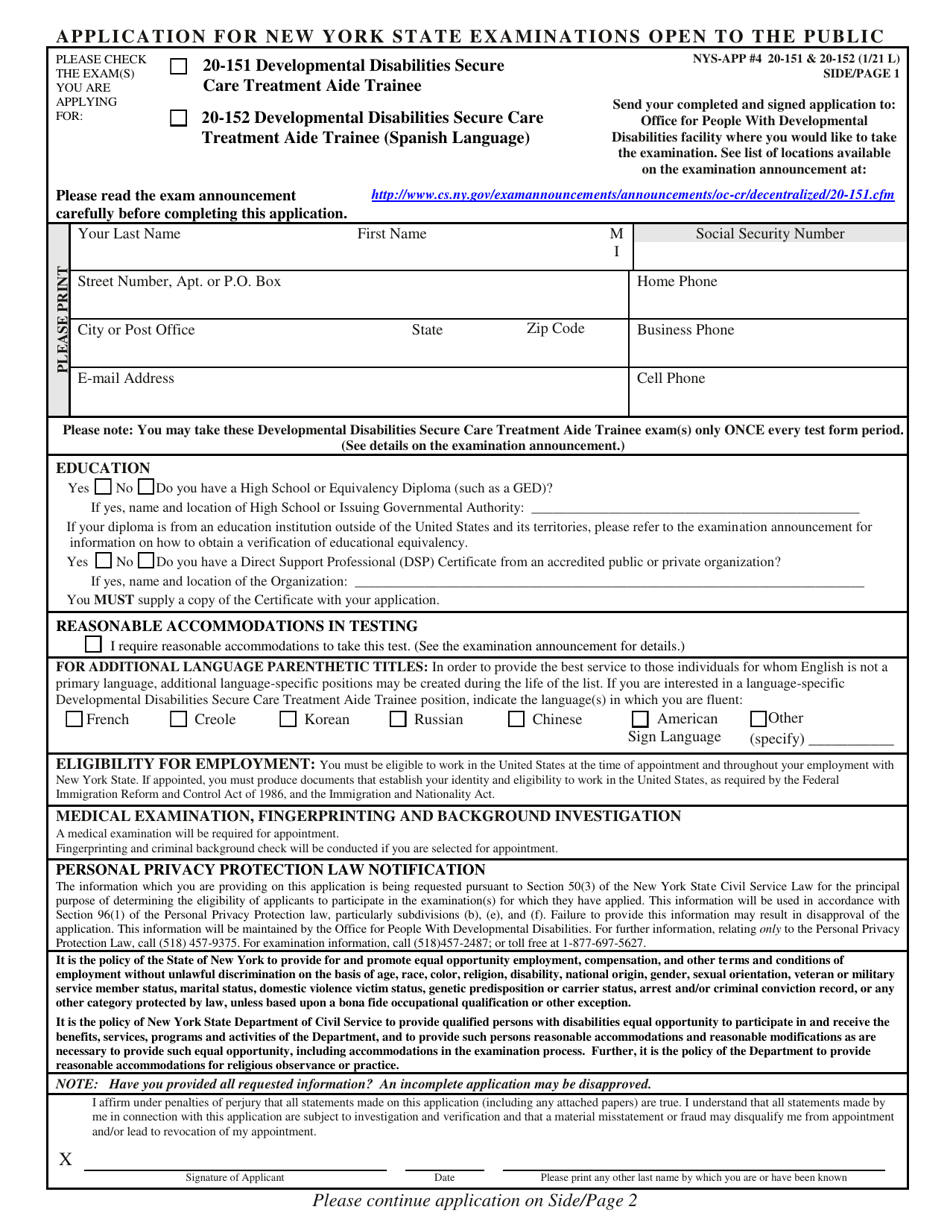 Form NYS-APP-4 #20-151 (NYS-APP-4 #20-152) Application for New York State Examinations Open to the Public - New York, Page 1