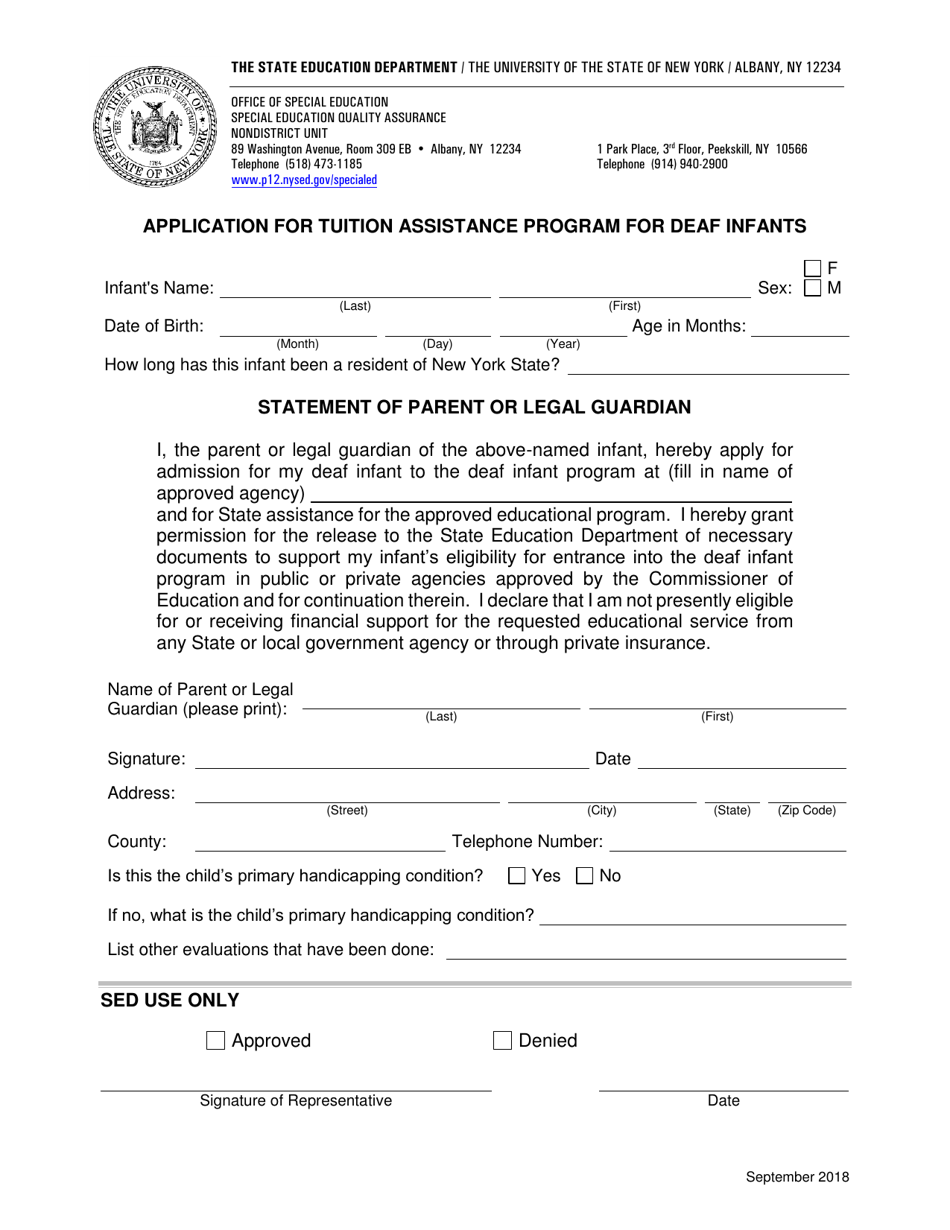 Application for Tuition Assistance Program for Deaf Infants - New York, Page 1