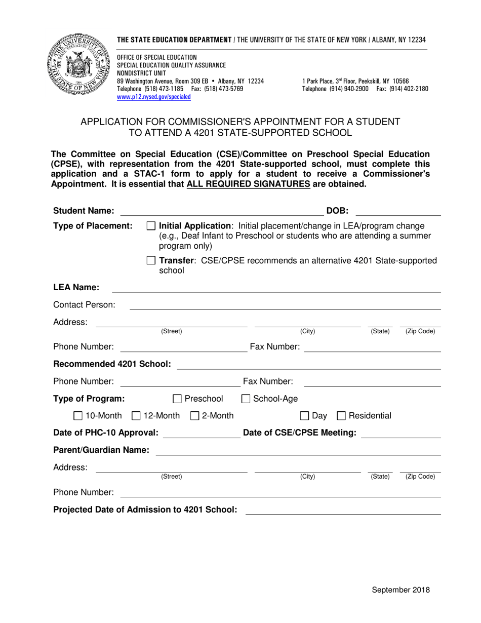 Application for Commissioners Appointment for a Student to Attend a 4201 State-Supported School - New York, Page 1