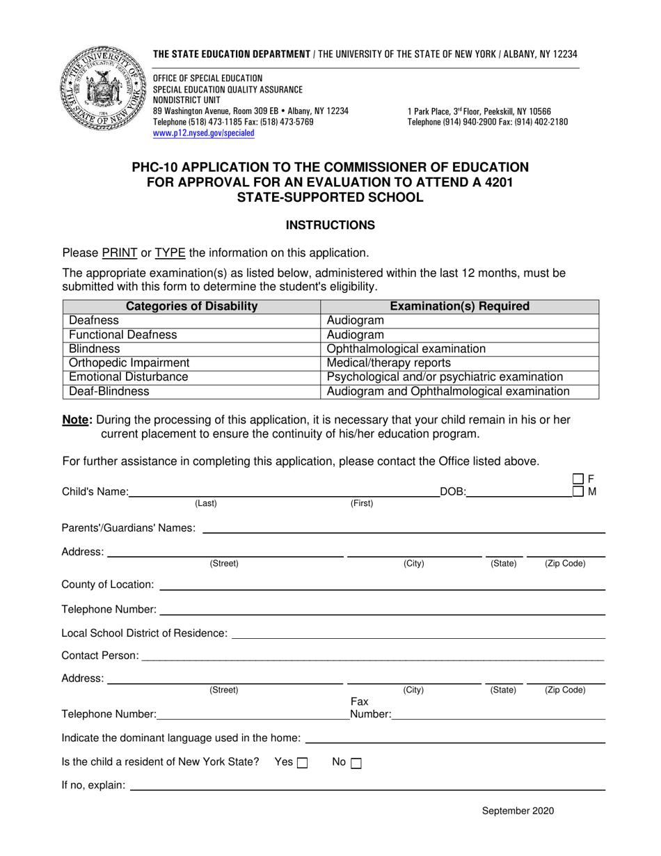 Form PHC-10 Application to the Commissioner of Education for Approval for an Evaluation to Attend a 4201 State-Supported School - New York, Page 1