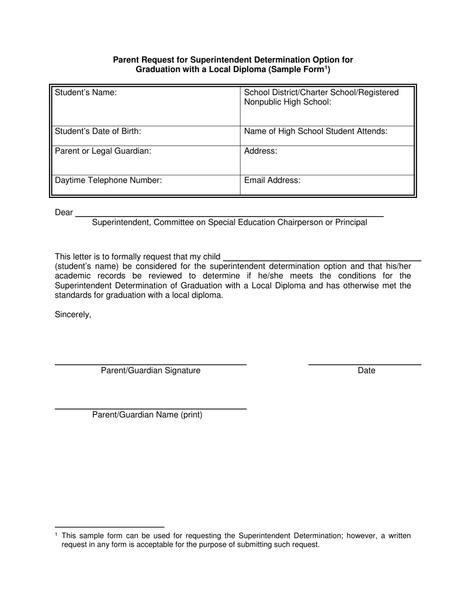 Parent Request for Superintendent Determination Option for Graduation With a Local Diploma (Sample Form) - New York, Page 1
