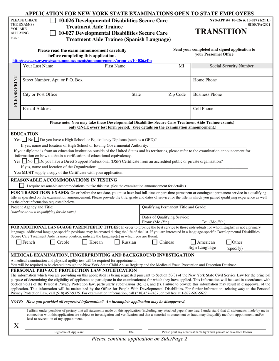 Form NYS-APP-4 #10-026 (NYS-APP-4 #10-027) Application for New York State Examinations Open to State Employees - New York, Page 1