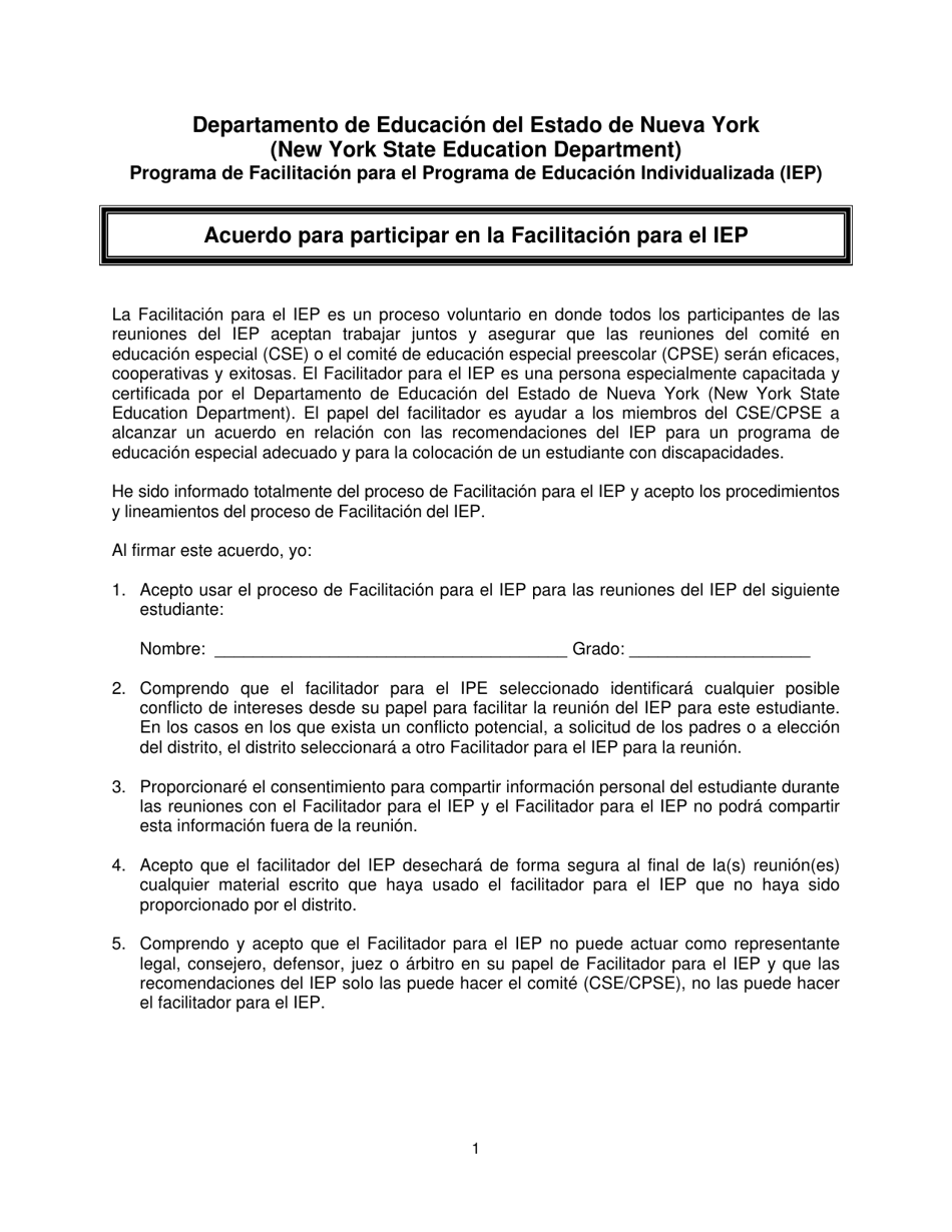 Acuerdo Para Participar En La Facilitacion Para El Iep - New York (Spanish), Page 1