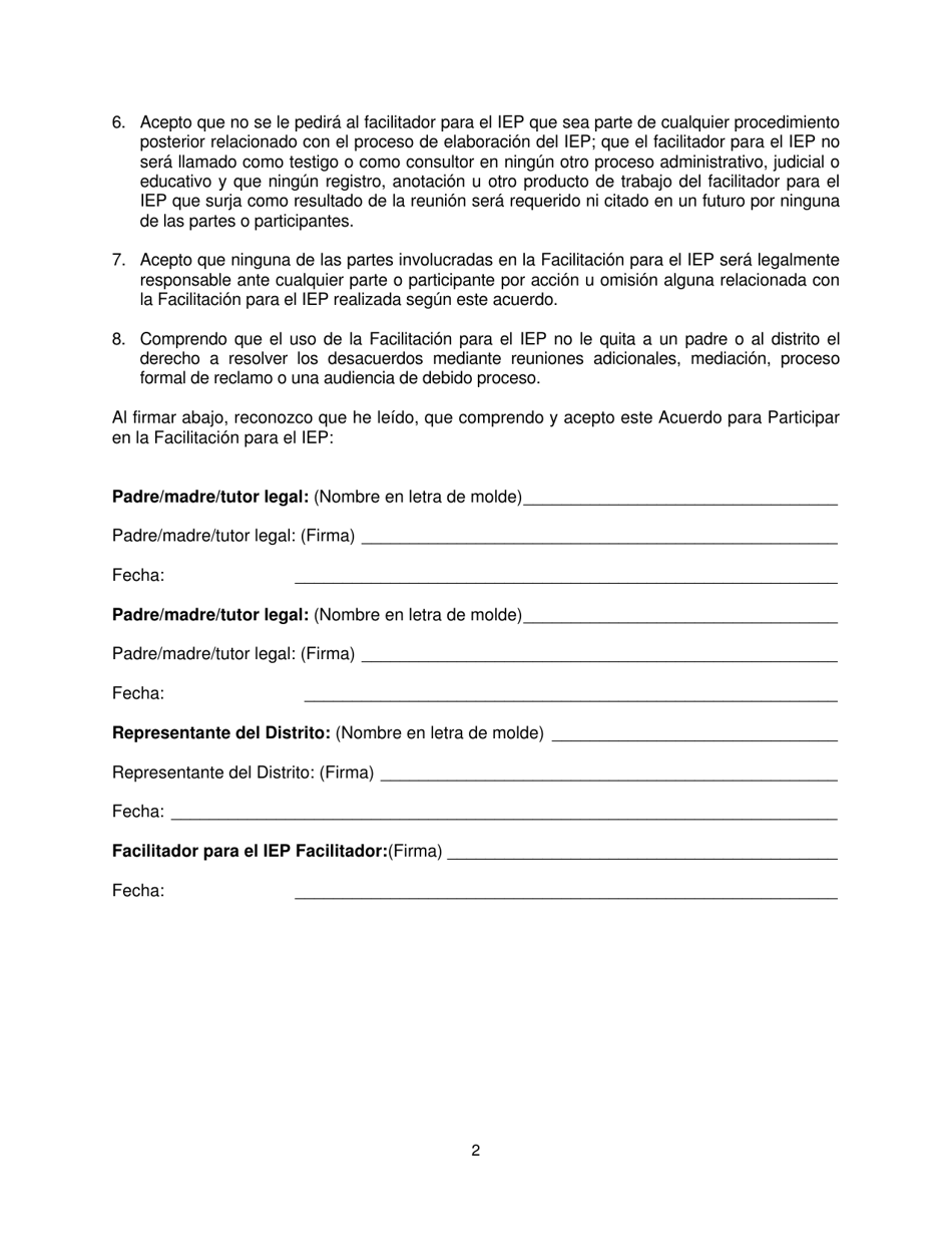 Acuerdo Para Participar En La Facilitacion Para El Iep - New York (Spanish), Page 2
