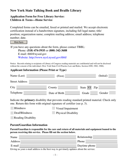 Application Form for Free Library Service: Children & Teens - Home Service - New York Download Pdf