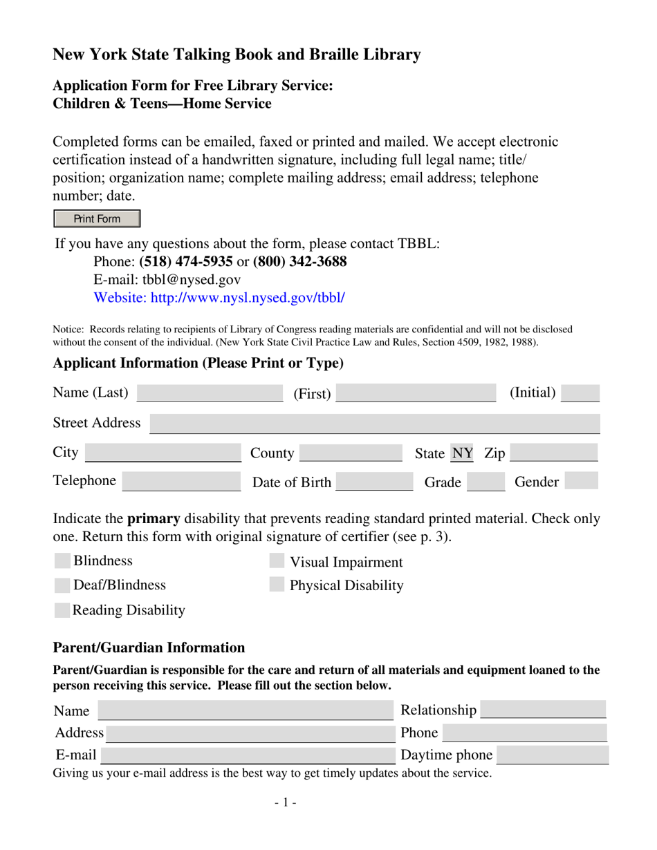 Application Form for Free Library Service: Children  Teens - Home Service - New York, Page 1