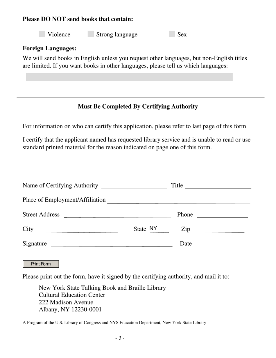 Application Form for Free Library Service: Children  Teens - Home Service - New York, Page 3