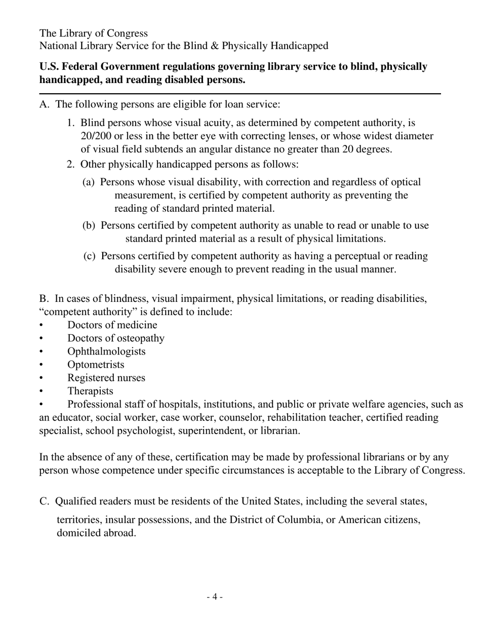 Application Form for Free Library Service: Children  Teens - Home Service - New York, Page 4