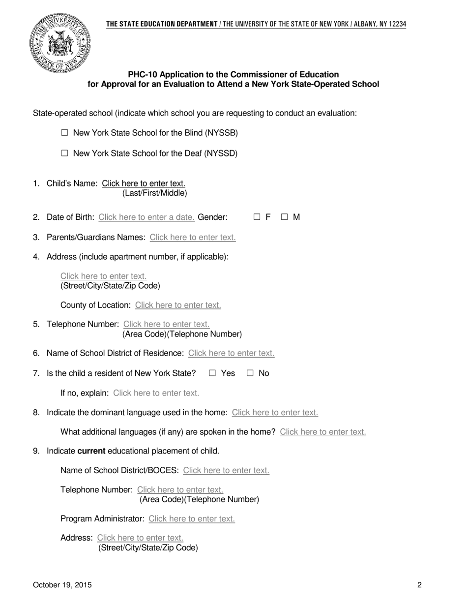 Form PHC-10 Application to the Commissioner of Education for Approval for an Evaluation to Attend a New York State-Operated School - New York, Page 2