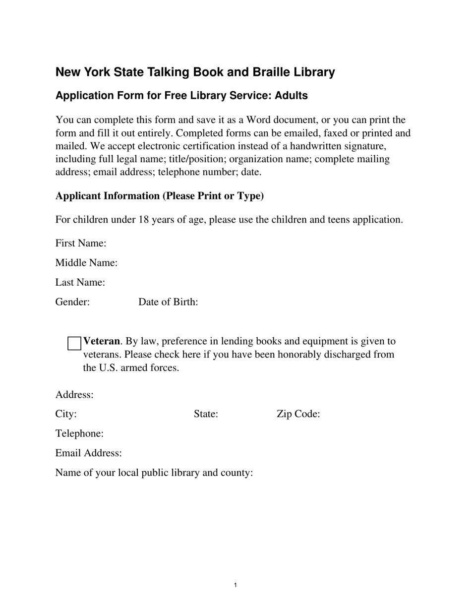 Application Form for Free Library Service: Adults - New York, Page 1
