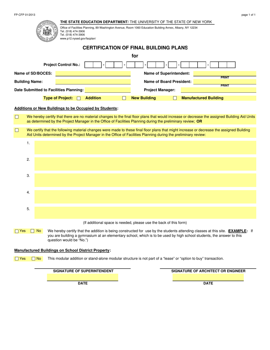 Form FP-CFP Certification of Final Building Plans - New York, Page 1