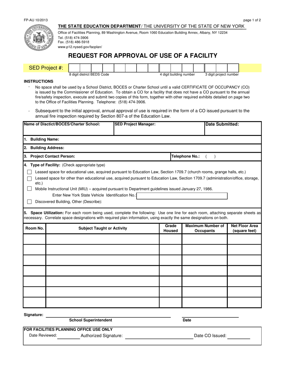 Form FP-AU Request for Approval of Use of a Facility - New York, Page 1