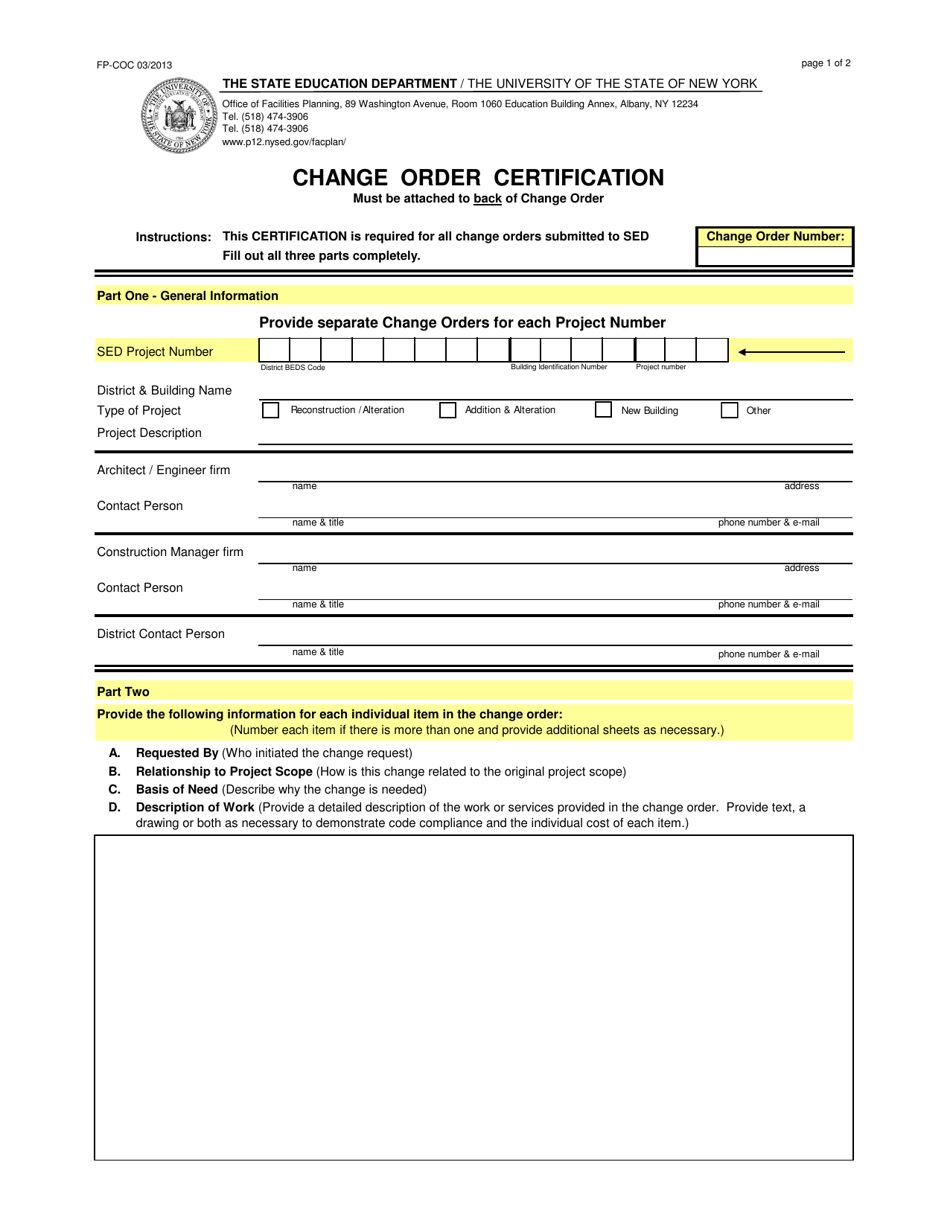 Form FP-COC Change Order Certification - New York, Page 1