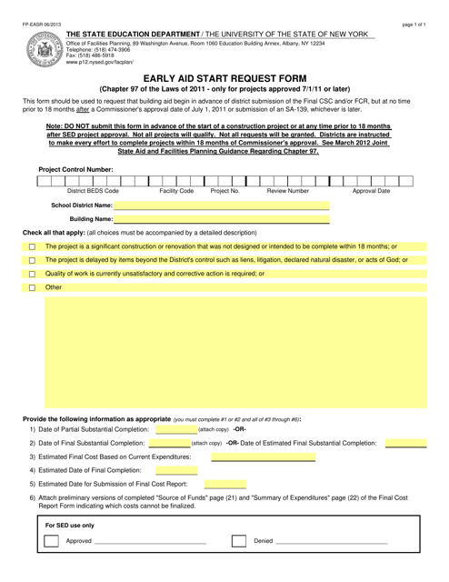 Form FP-EASR Early Aid Start Request Form - New York
