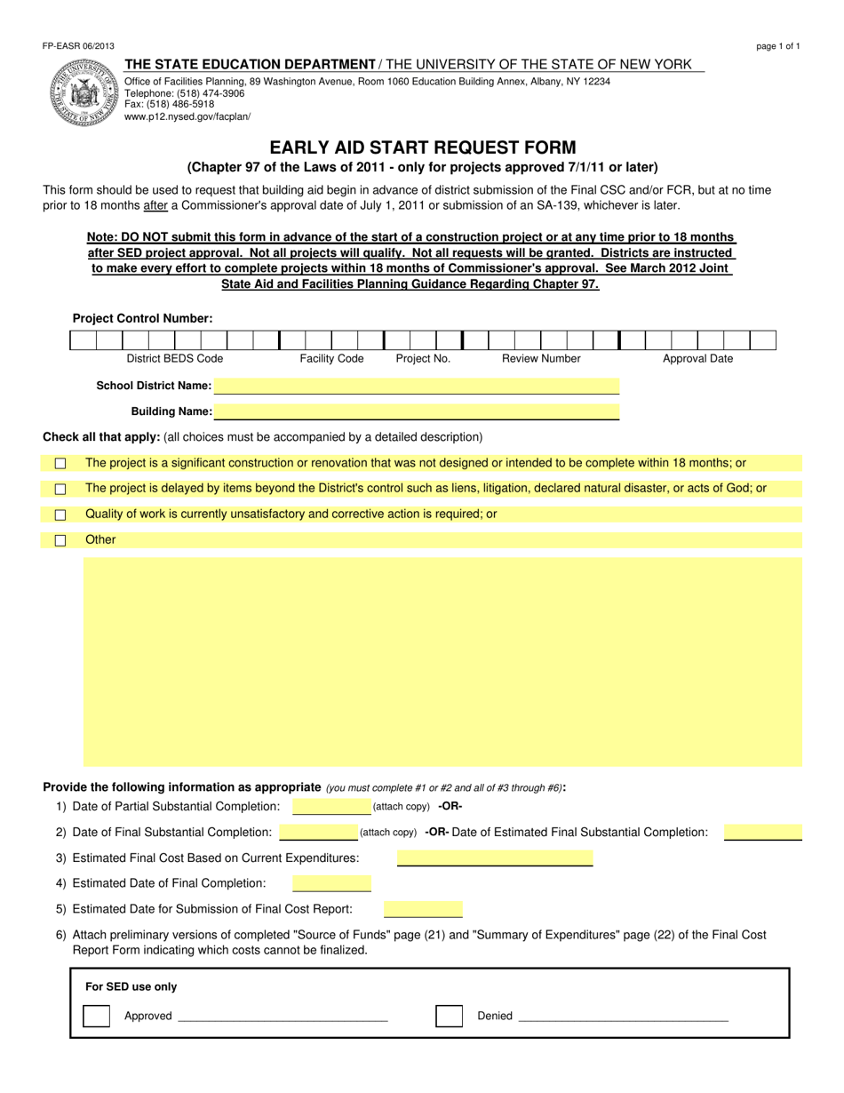 Form FP-EASR Early Aid Start Request Form - New York, Page 1