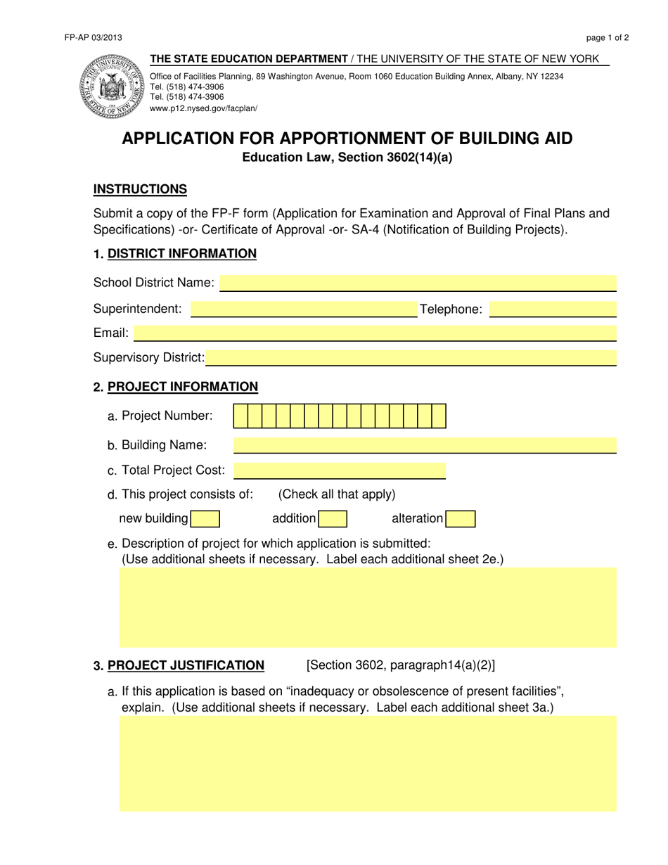 Form FP-AP Application for Apportionment of Building Aid - New York, Page 1
