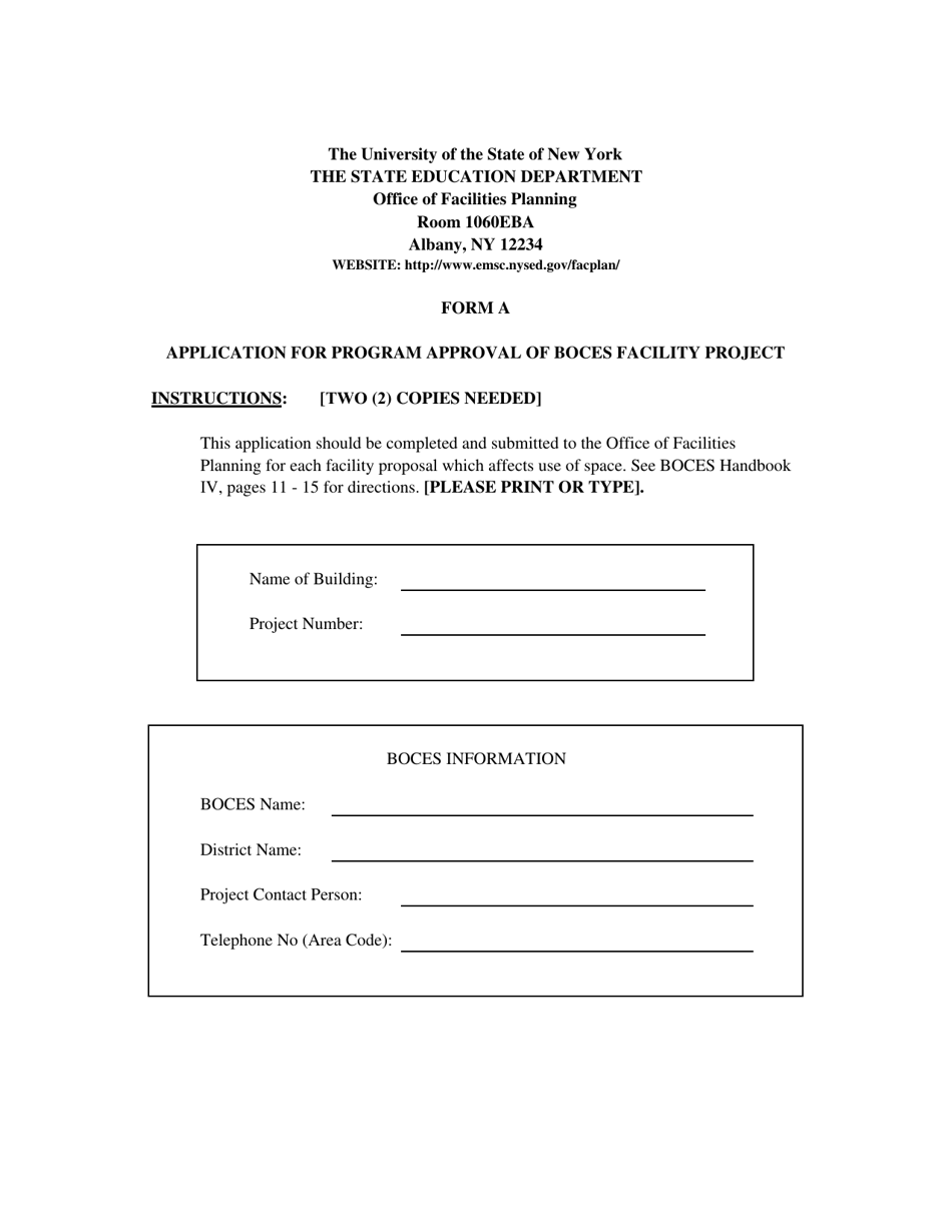 Form A Application for Program Approval of Boces Facility Project - New York, Page 1