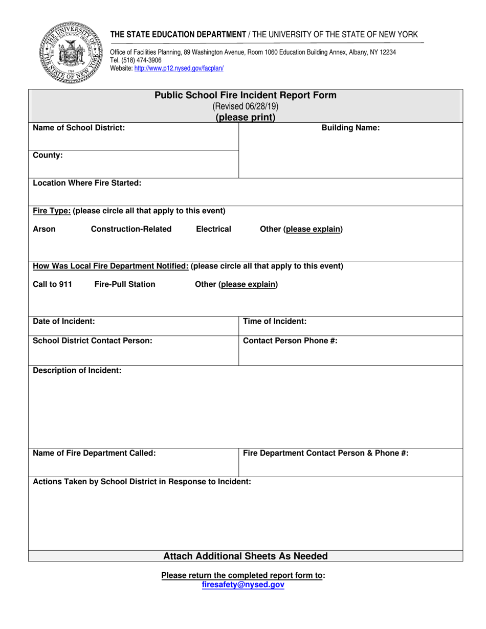 Public School Fire Incident Report Form - New York, Page 1
