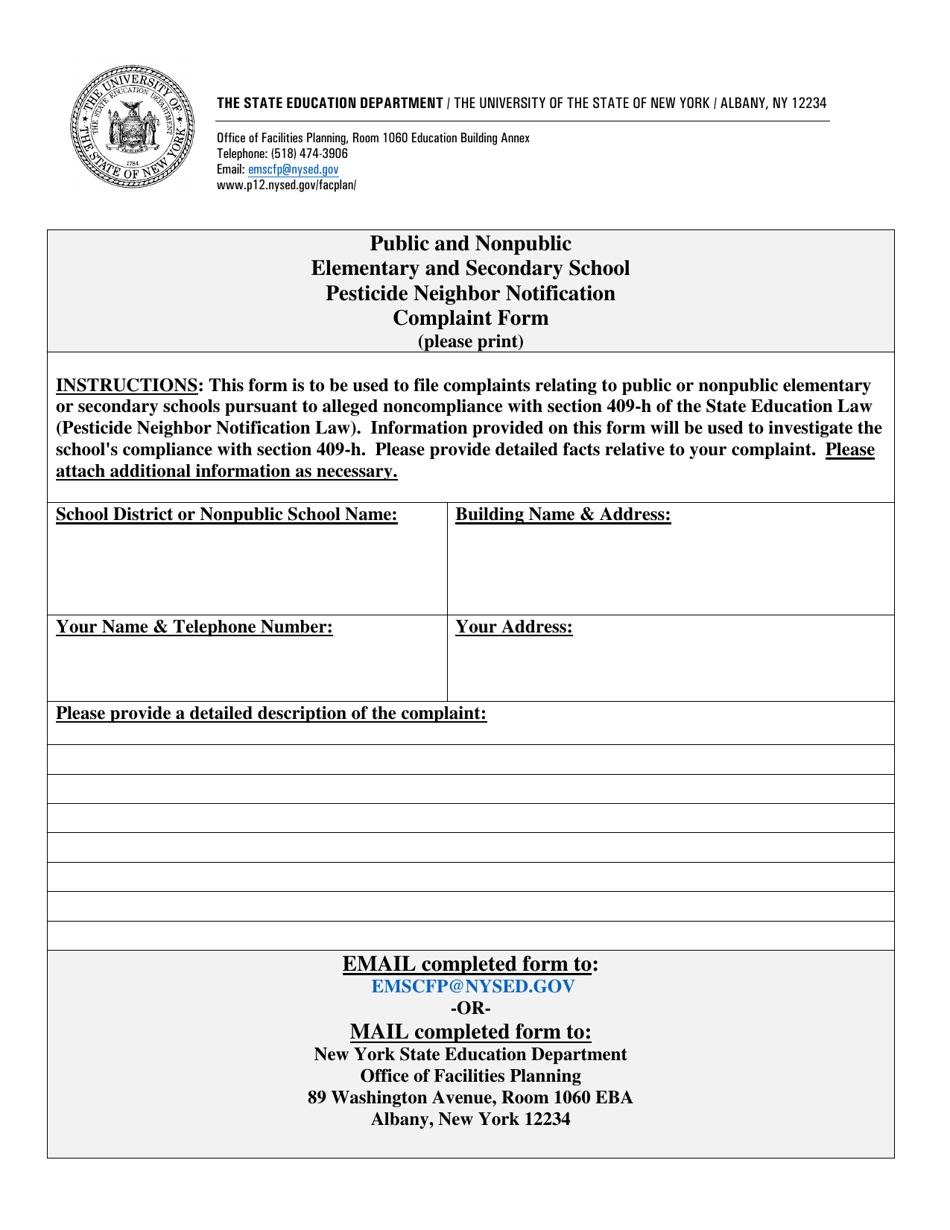 Public and Nonpublic Elementary and Secondary School Pesticide Neighbor Notification Complaint Form - New York, Page 1