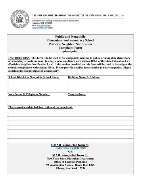 Public and Nonpublic Elementary and Secondary School Pesticide Neighbor Notification Complaint Form - New York Download Pdf