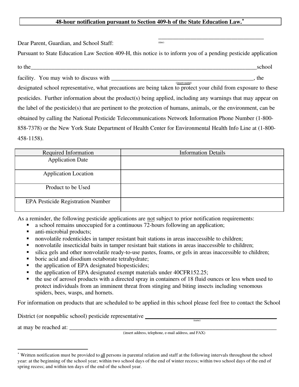 48-hour Notification Pursuant to Section 409-h of the State Education Law - New York, Page 1