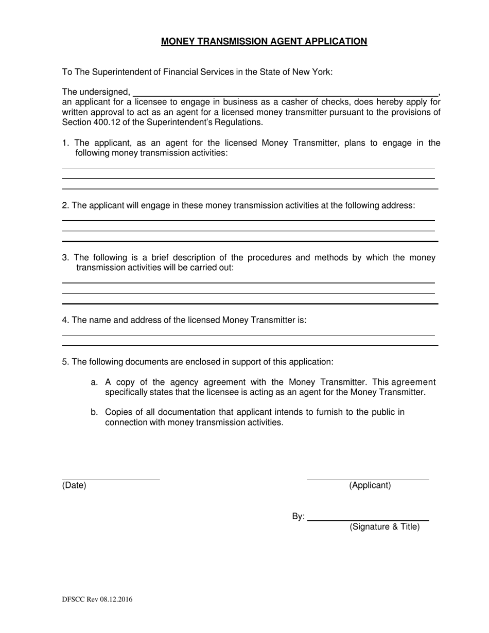 Money Transmission Agent Application - New York, Page 1