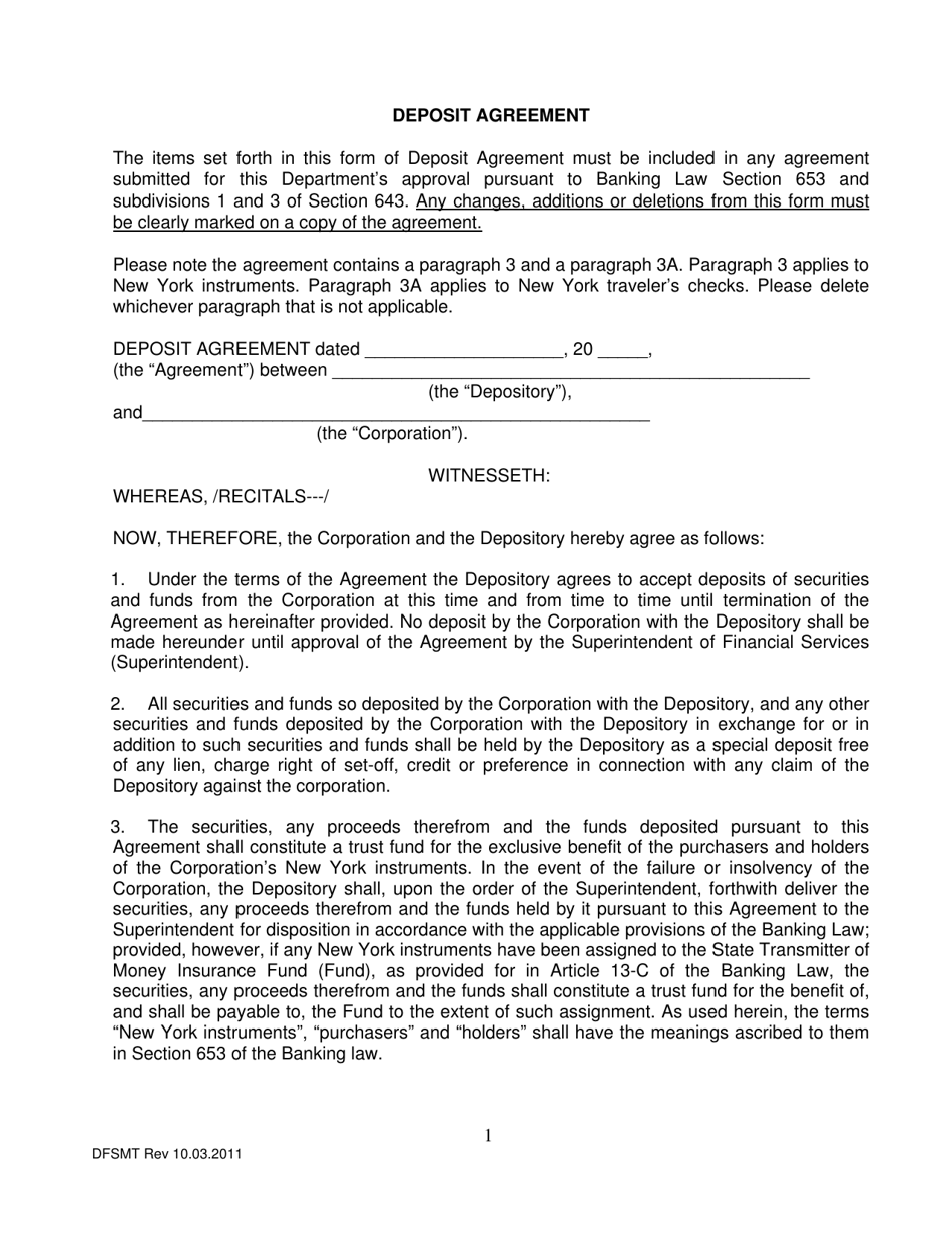 New York Deposit Agreement Fill Out, Sign Online and Download PDF