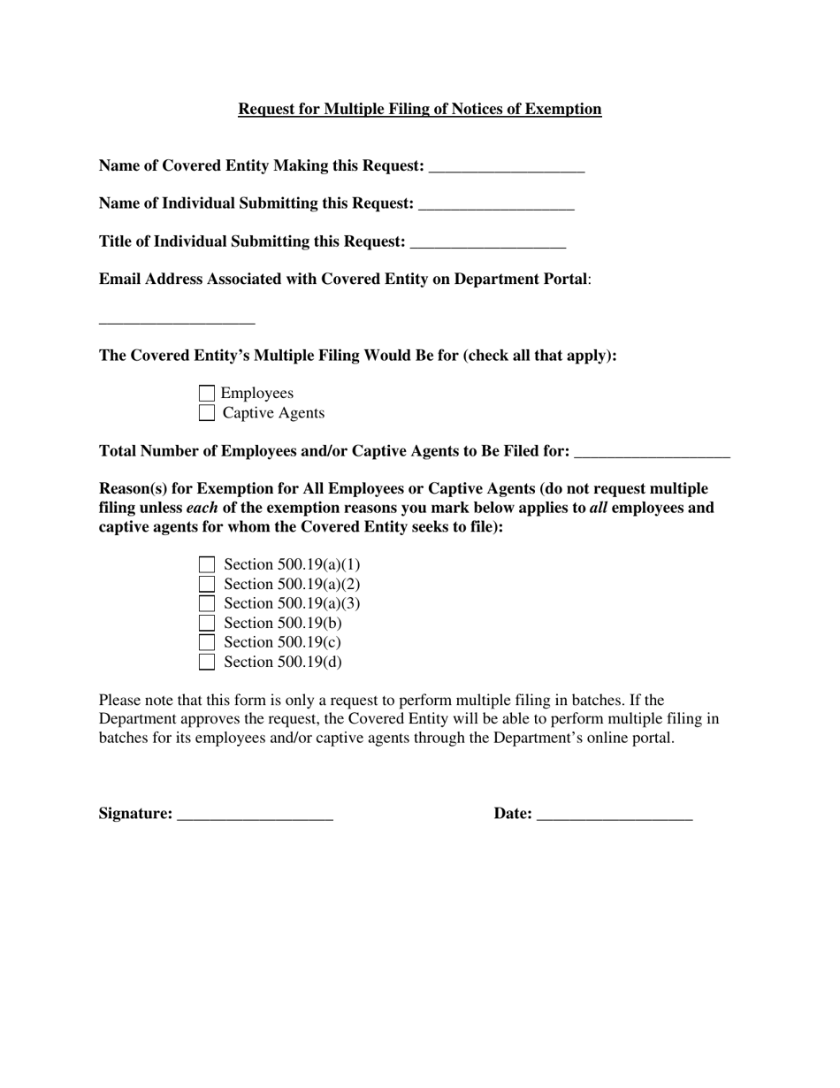 Request for Multiple Filing of Notices of Exemption - New York, Page 1