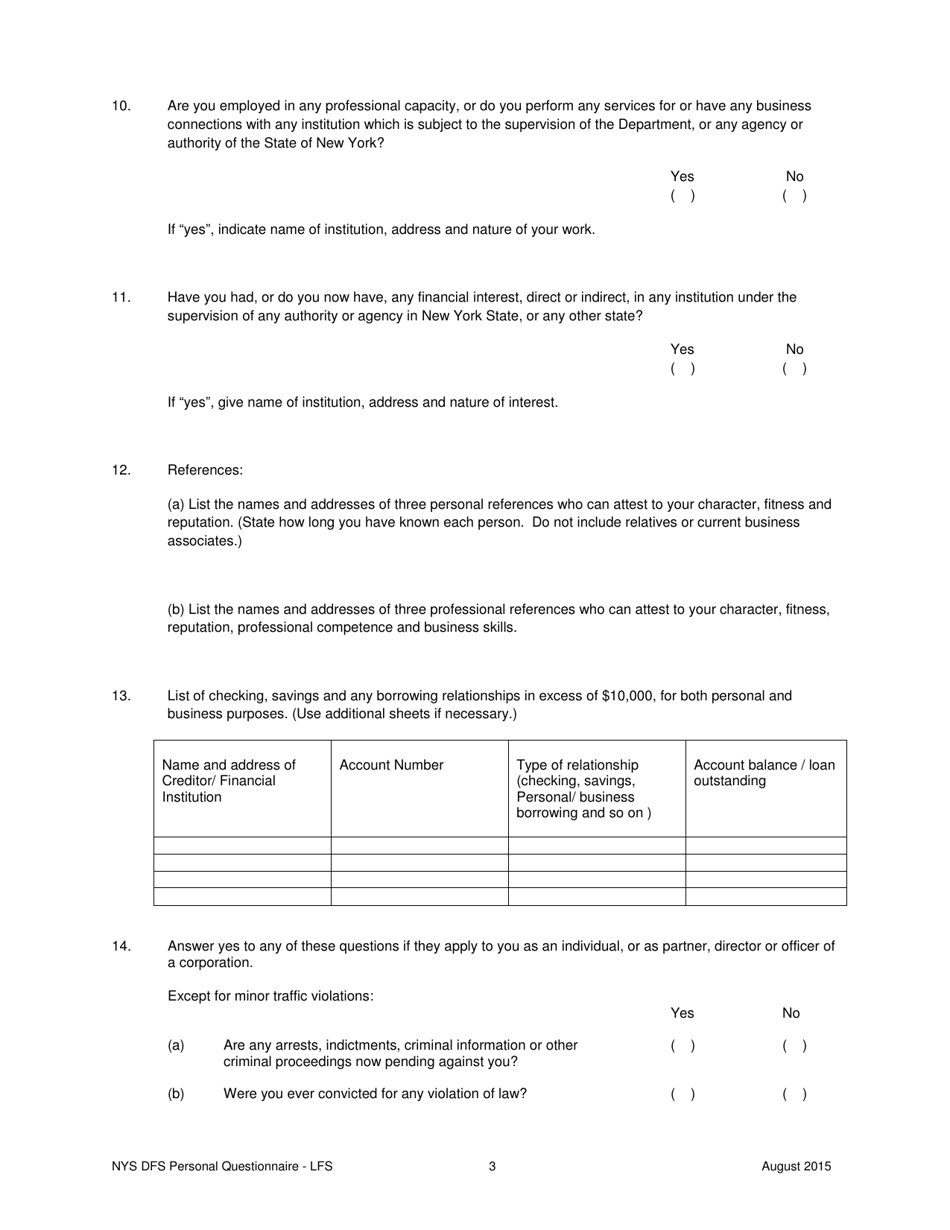 Personal Questionnaire - New York, Page 3