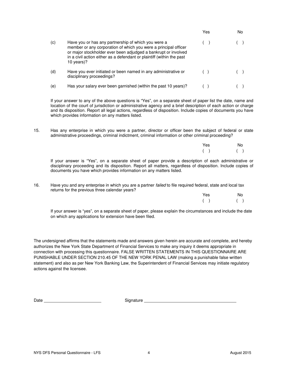 Personal Questionnaire - New York, Page 4