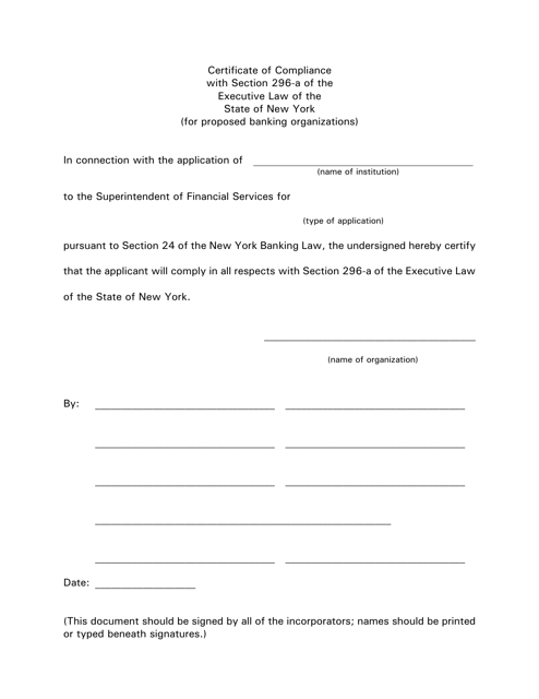 Certificate of Compliance With Section 296-a of the Executive Law of the State of New York (For Proposed Banking Organizations) - New York Download Pdf