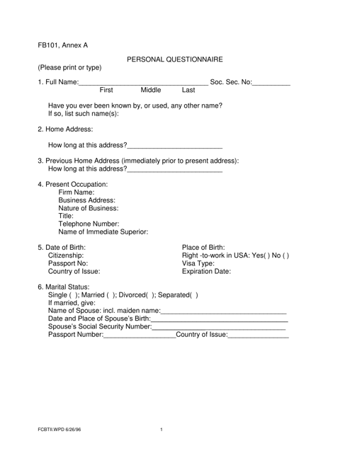 Form FB101 Annex A Personal Questionnaire - New York