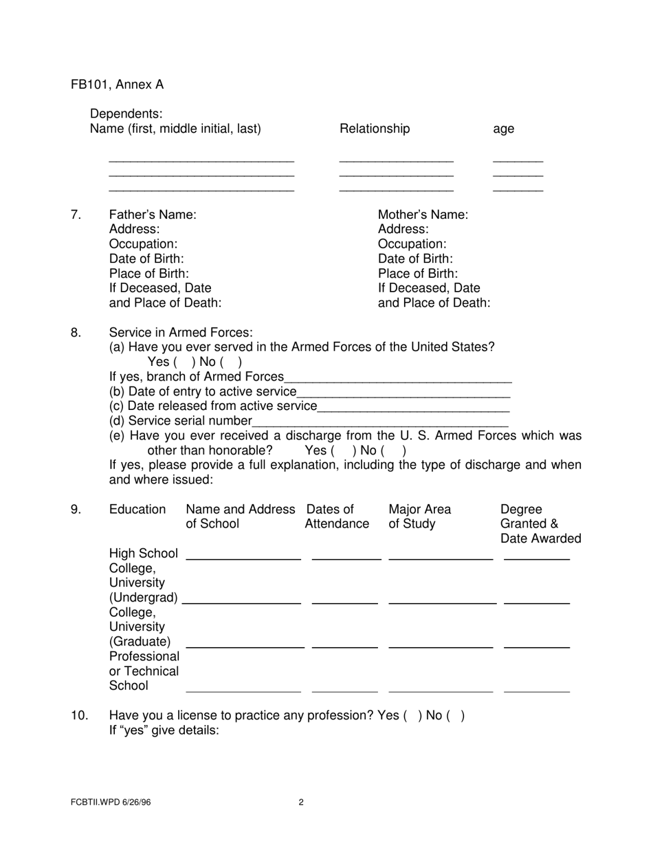 Form FB101 Annex A Personal Questionnaire - New York, Page 2